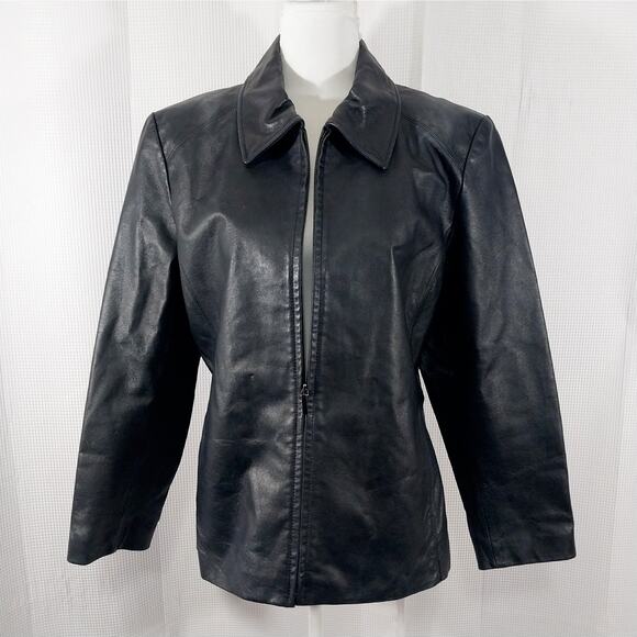 WORTHINGTON! SLEEK BLACK GENUINE LEATHER HIDDEN FRONT POCKET JACKET COAT! SZ PXL - Picture 2 of 12